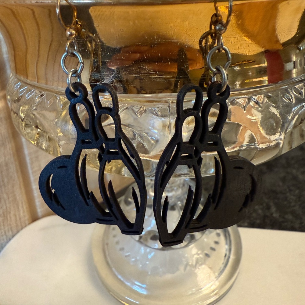 Laser Cut Wood Black Bowling Pin Earrings